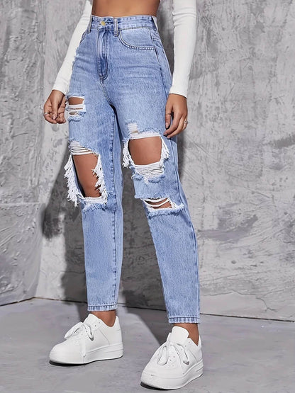 American Retro High Waist Hole-Punched Jeans for Women - Loose Fit - Buy Center