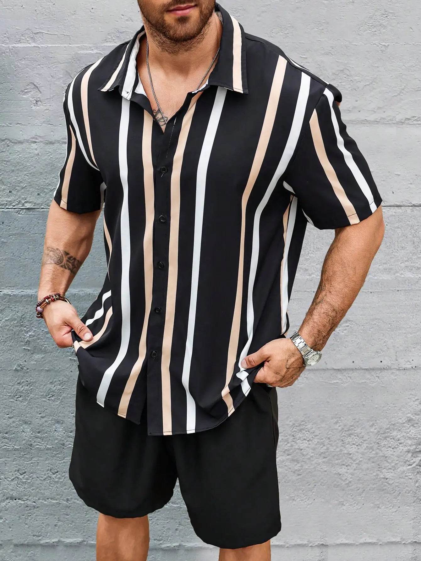 Men's Summer Stripe 3D Print Shirt & Drawstring Shorts Set - Buy Center