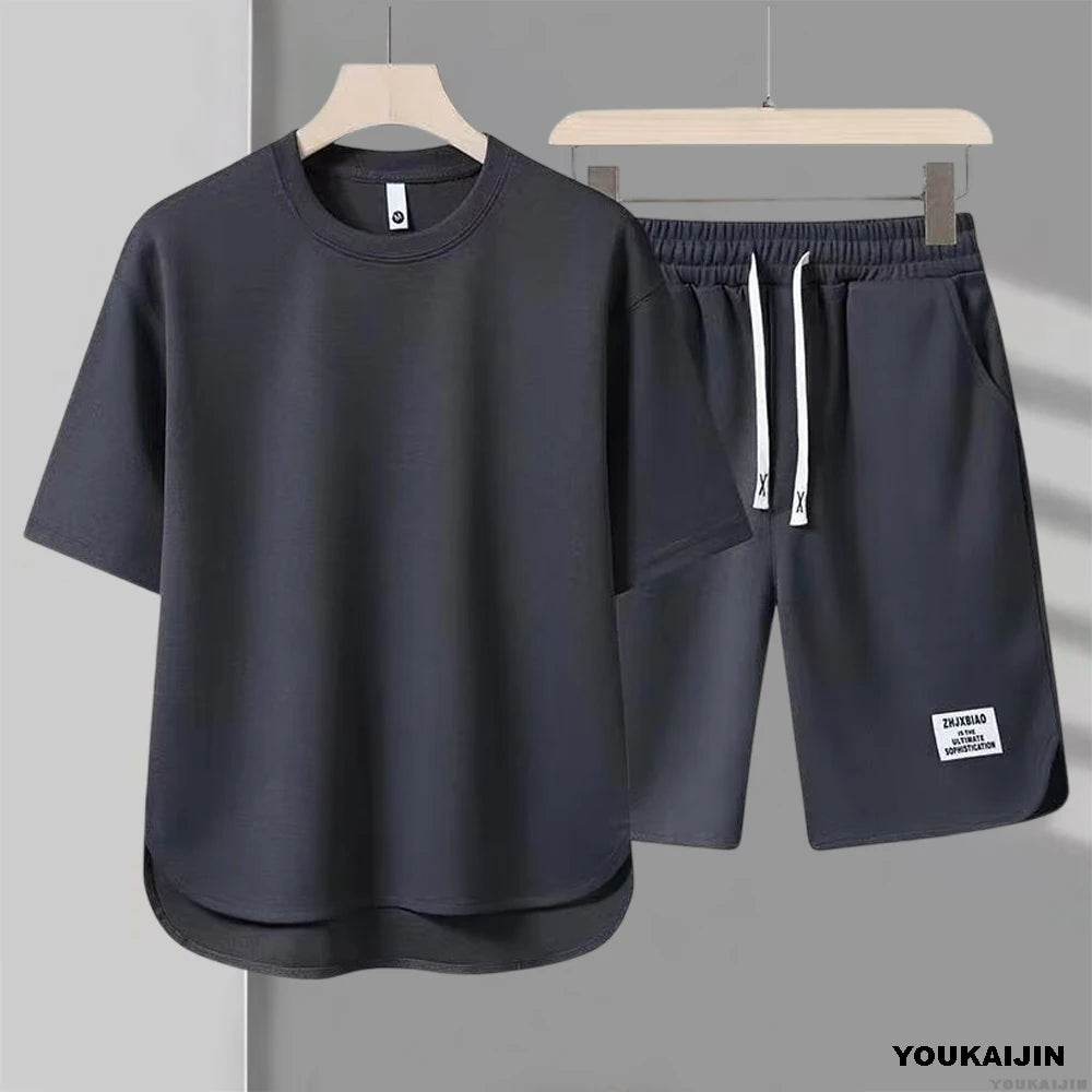 YOUKAIJIN Men's Summer Casual Suit - Waffle T-shirt & Shorts Set - Buy Center