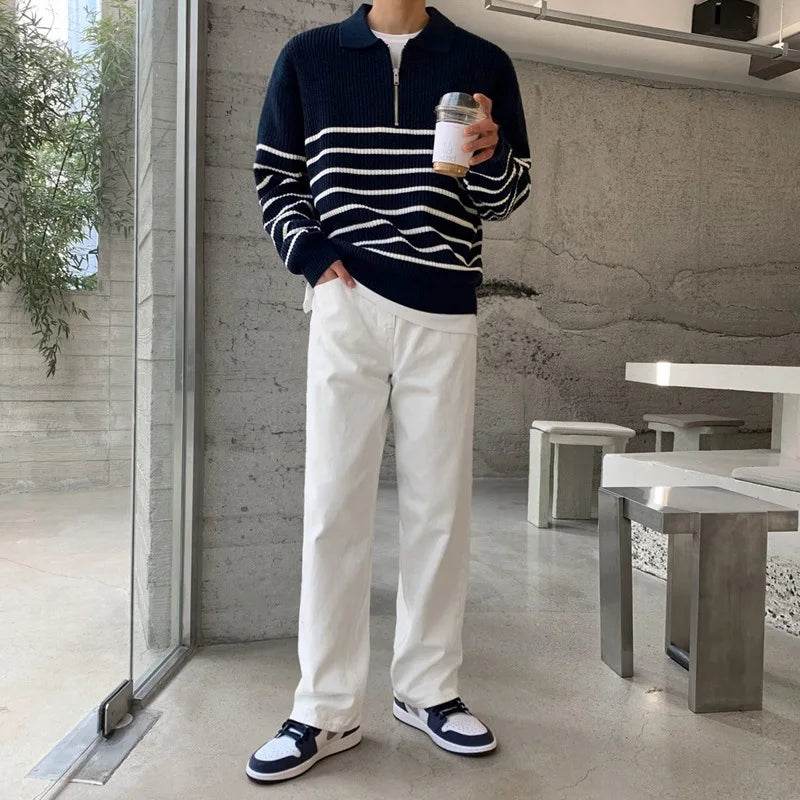 Autumn Korean Men's Light Style Lapel Long Sleeve Sweater Fashion High-end Loose Retro Casual Half Zip Striped Sweater Top - Buy Center
