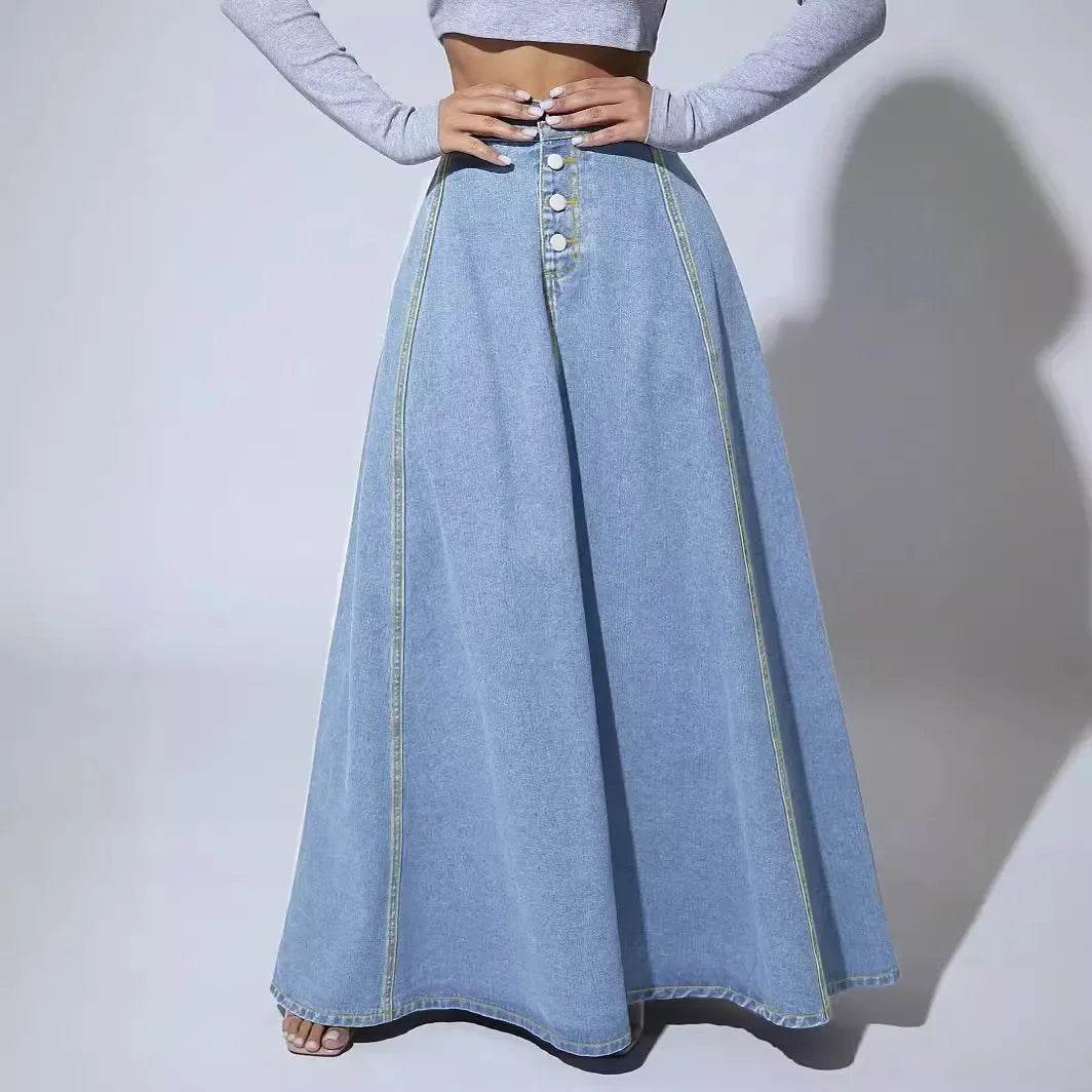 Kalenmos Women's A-Line Denim Maxi Skirt - Casual Vintage Style - Buy Center