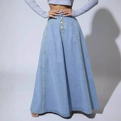 Kalenmos Women's A-Line Denim Maxi Skirt - Casual Vintage Style - Buy Center