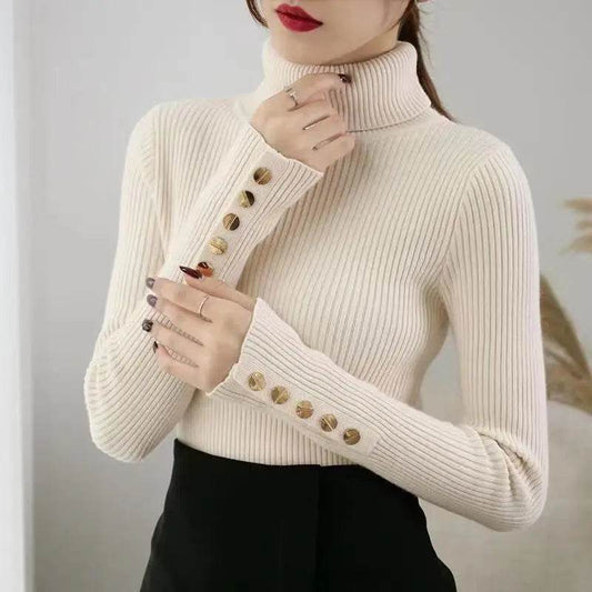AOSSVIAO Women's Knitted Turtleneck Sweater - Button Long Sleeve - Buy Center