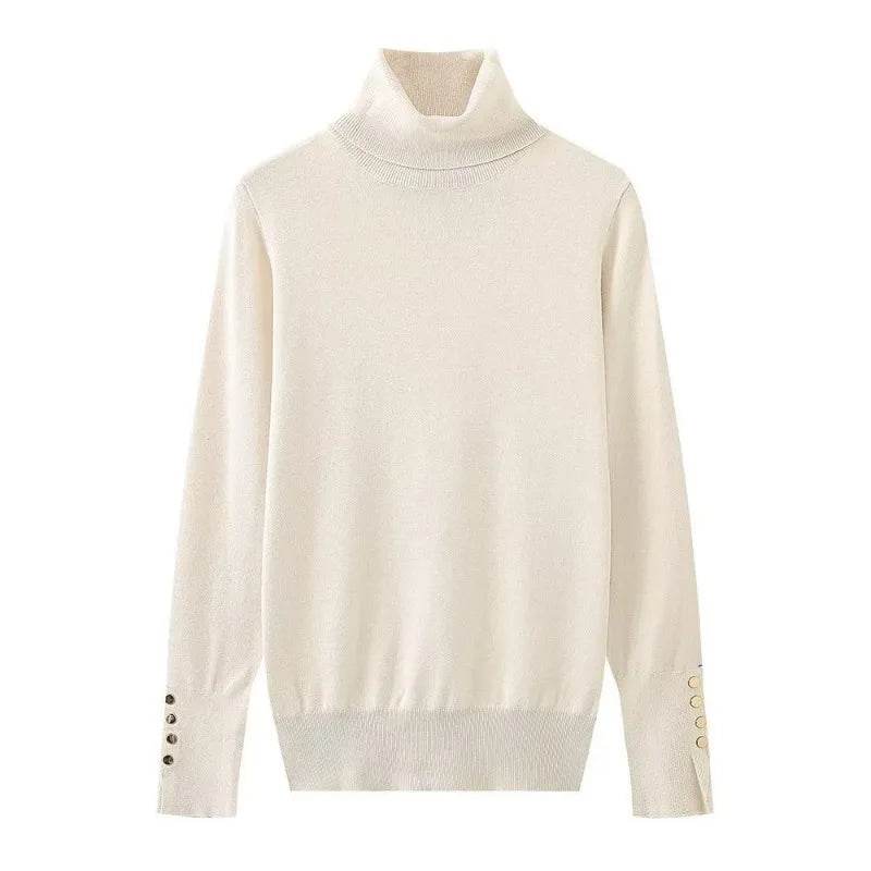 Women's Cropped Turtleneck Sweater with Buttons - Casual Knit Pullover - Buy Center