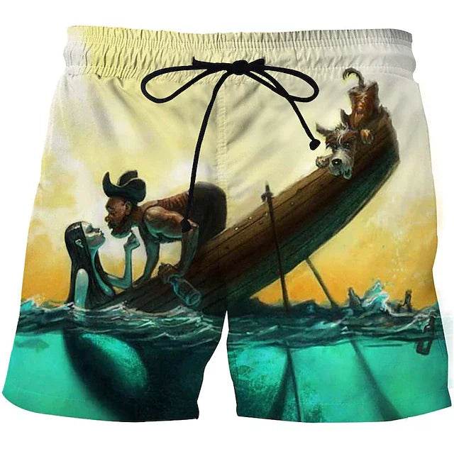 Men's Vintage 3D Fishing Print Swim Trunks - Quick Dry Beach Shorts - Buy Center