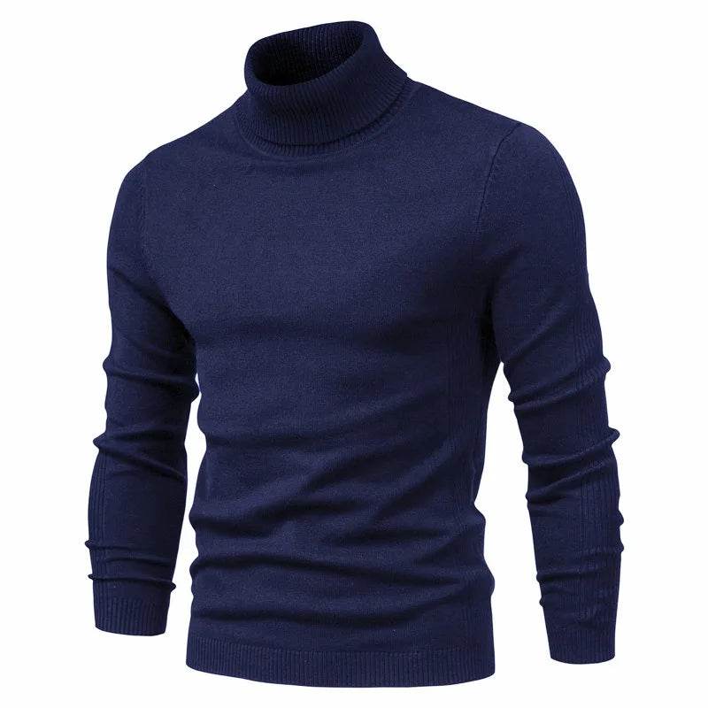 Men's Solid Color Pullover Sweater - High Neck Casual Knitwear - Buy Center
