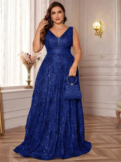 Elegant Plus Size Deep V-Neck Sequins Evening Dress - Lucy in Love - Buy Center