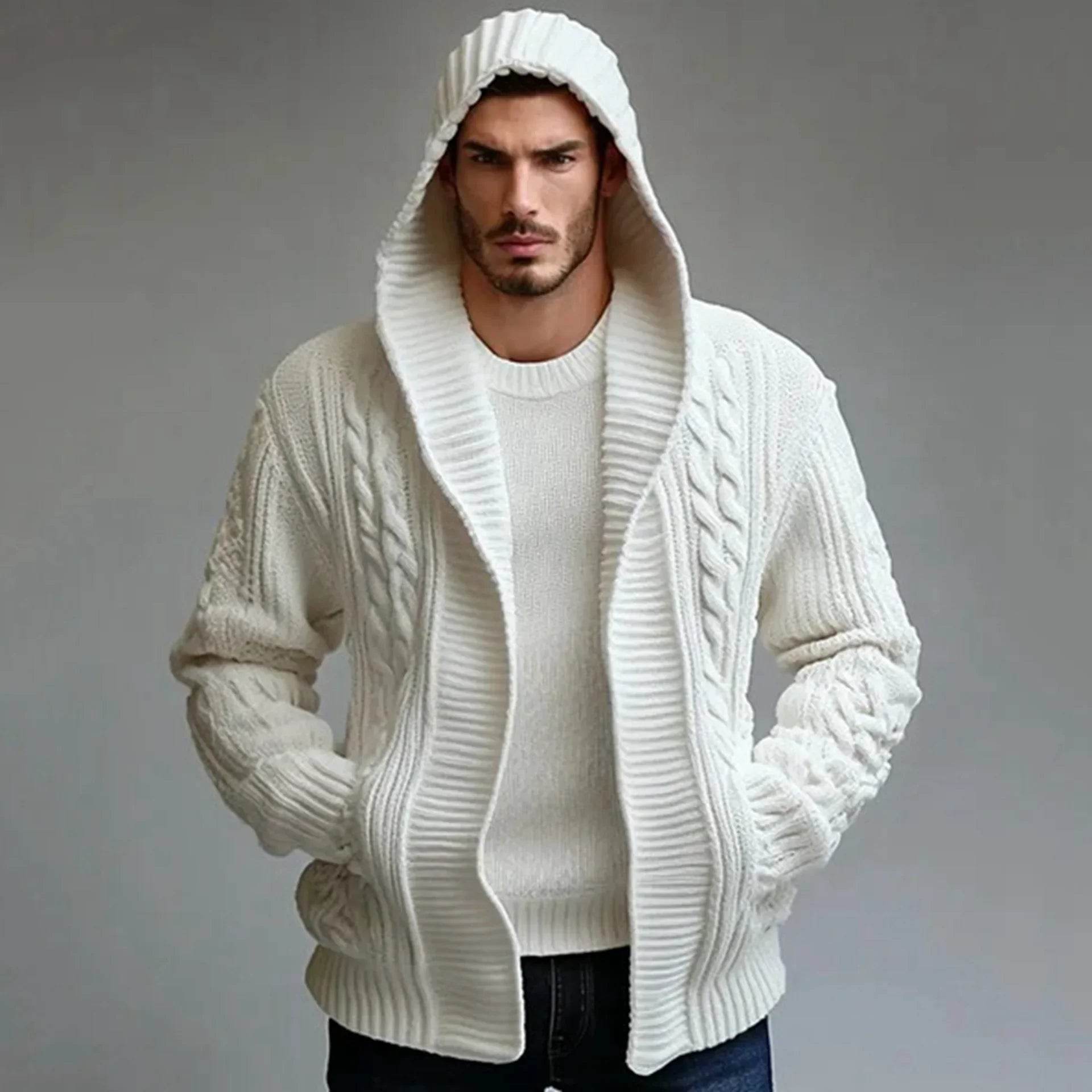 Men's Casual Hooded Cardigan Sweater - Full Sleeve, Solid Color Outerwear - Buy Center