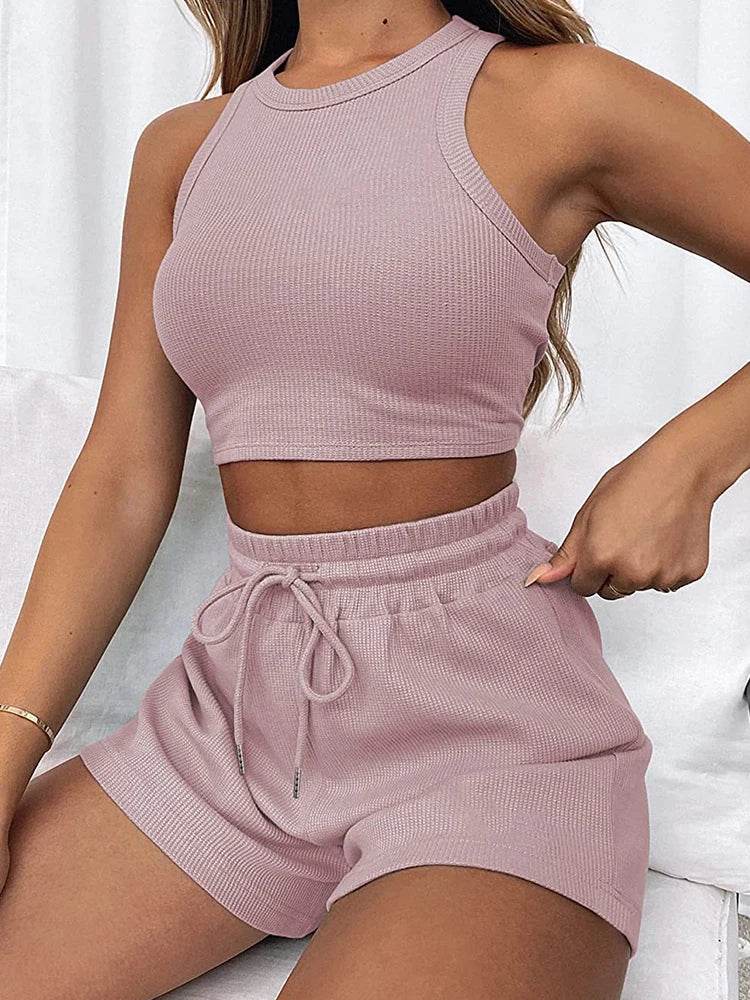 Women's 2024 Summer Sleeveless Waffle Two-Piece Set - Casual & Elegant - Buy Center