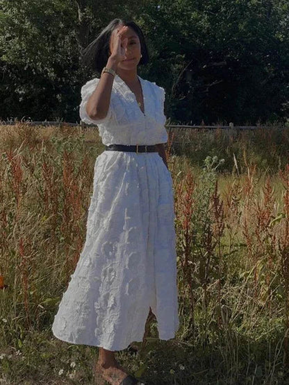 Elegant Lace Hollow Out Midi Dress - Women’s V-Neck Spring Style - Buy Center