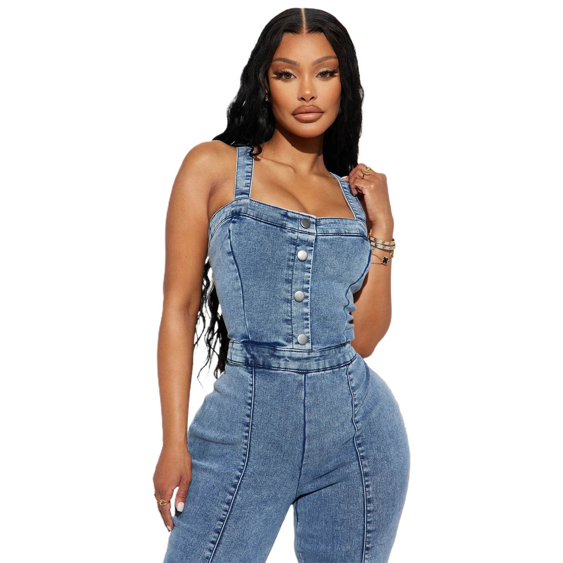 Women’s Sexy Flare Jeans Rompers - Square Collar Ankle-Length Overalls - Buy Center
