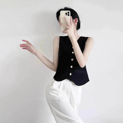 TEROKK Women's V-Neck Knitted Vest - Slim Fit, Solid Color Style - Buy Center