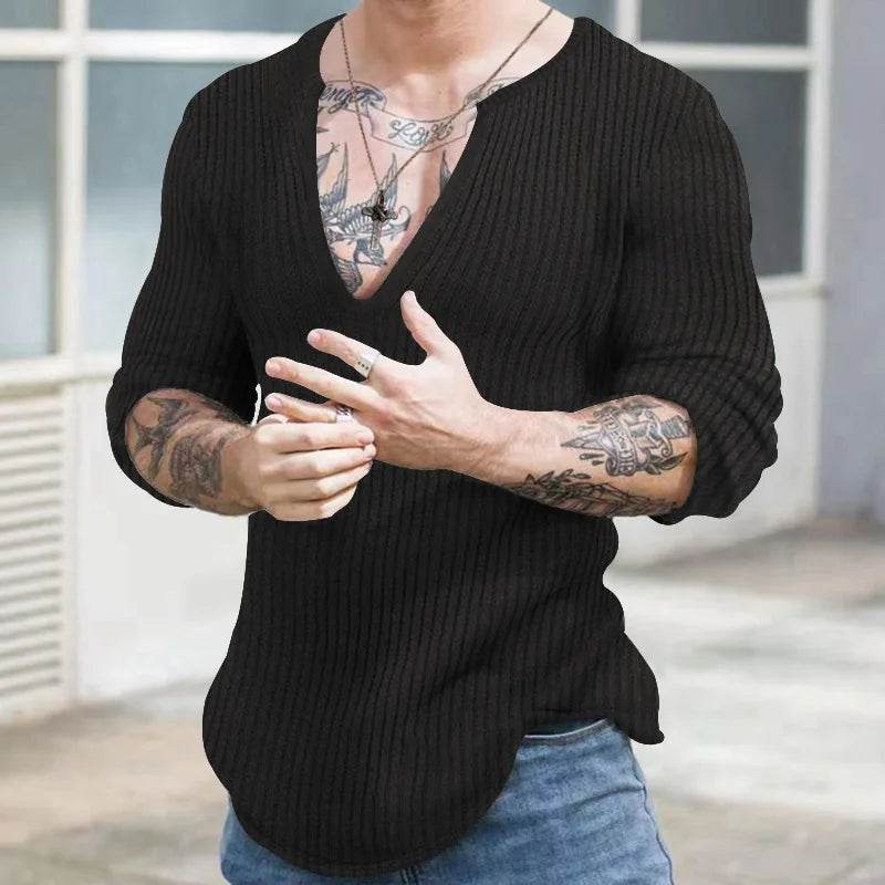 Men's V-Neck Casual Sweater - Autumn Winter Solid Color Knitted Pullover - Buy Center