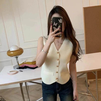 TEROKK Women's V-Neck Knitted Vest - Slim Fit, Solid Color Style - Buy Center