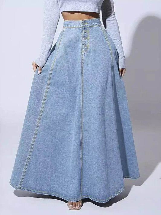 Kalenmos Women's A-Line Denim Maxi Skirt - Casual Vintage Style - Buy Center