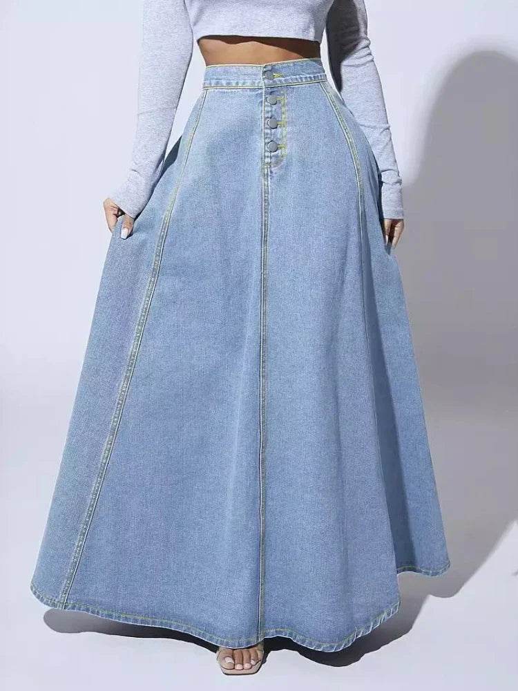 Kalenmos Women's A-Line Denim Maxi Skirt - Casual Vintage Style - Buy Center