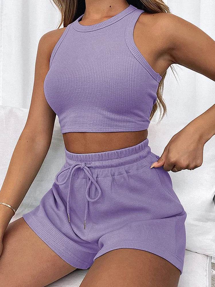 Women's 2024 Summer Sleeveless Waffle Two-Piece Set - Casual & Elegant - Buy Center