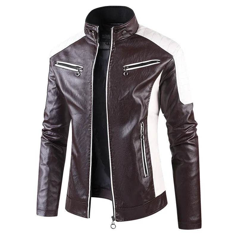 CLASSDIM Men's Slim Fit Stand Collar Leather Jacket - Stylish Autumn Coat - Buy Center