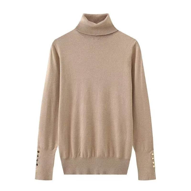 Women's Cropped Turtleneck Sweater with Buttons - Casual Knit Pullover - Buy Center