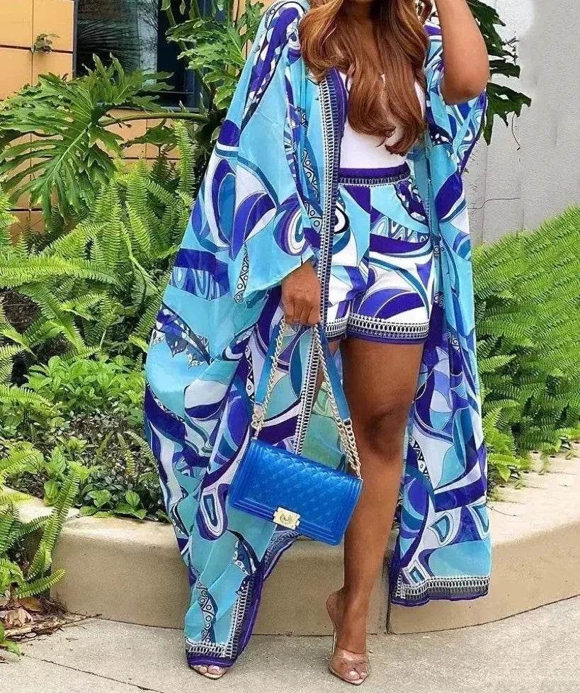 Kalenmos Women's Abstract Print Batwing Sleeve Cardigan & Shorts Set - Buy Center