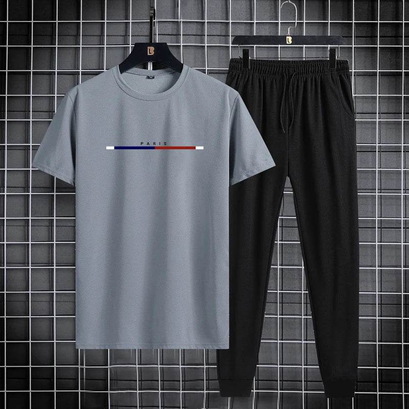 Men's Casual Summer Sports Suit - Round Neck T-Shirt & Ankle Pants - Buy Center