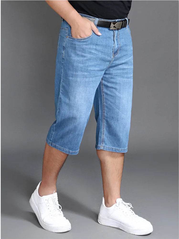 Plus Size Calf Length Denim Shorts for Men - Classic Straight Fit - Buy Center