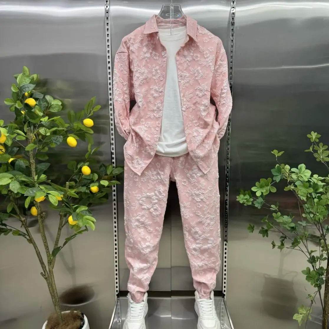 Trendy 3D Jacquard Shirt Jacket & Pants Set for Men - Casual Sports Suit - Buy Center