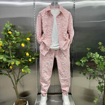 Trendy 3D Jacquard Shirt Jacket & Pants Set for Men - Casual Sports Suit - Buy Center