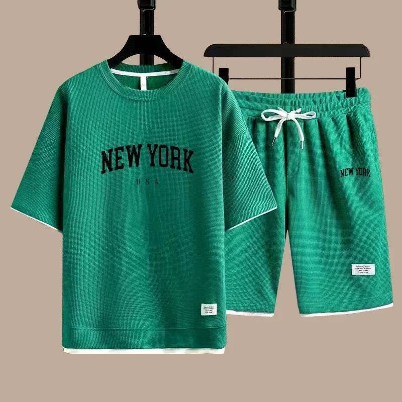 OLOEY Men's 2025 Waffle T-Shirt & Shorts Summer Fashion Suit - Buy Center