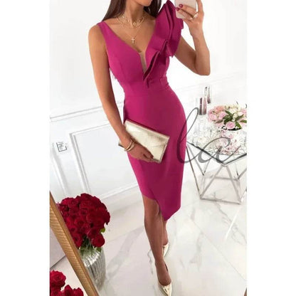 Women's Casual Summer Dress - Ruffle Edge V-Neck, Knee-Length - Buy Center