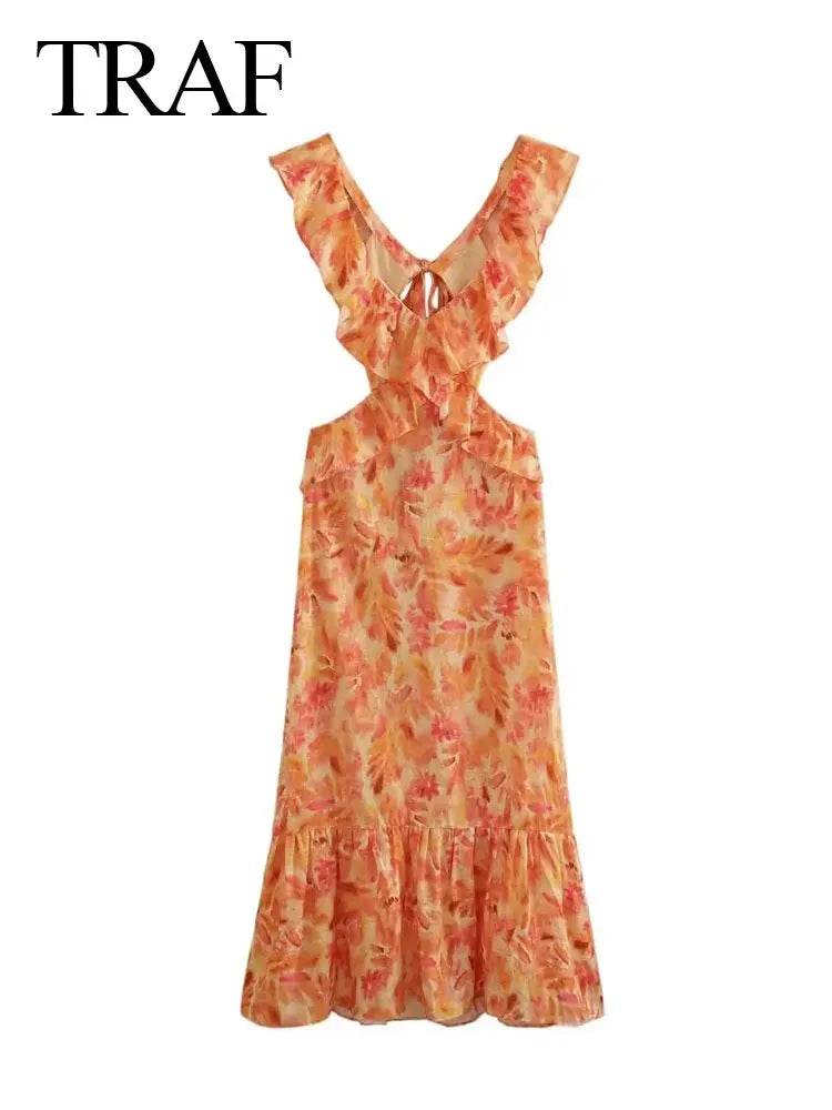 TRAFZA Women's Summer V-Neck Ruffle Print Backless Dress - Buy Center