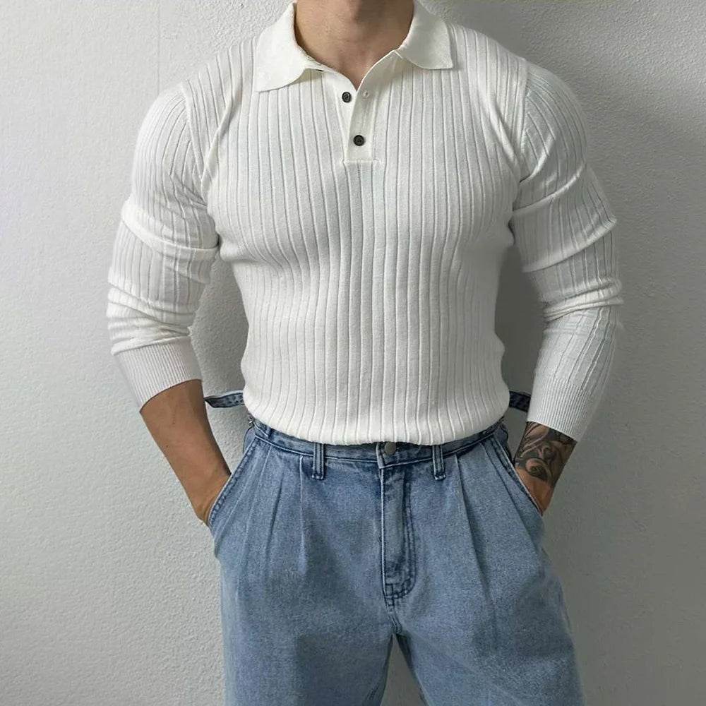 Mens Pullover Polo Korean Retro Stripe Temperament Ribbed Knit Top Autumn Slim Fit Long Sleeve Casual Trend Muscle Men's Clothes - Buy Center