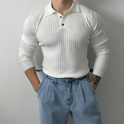 Mens Pullover Polo Korean Retro Stripe Temperament Ribbed Knit Top Autumn Slim Fit Long Sleeve Casual Trend Muscle Men's Clothes - Buy Center