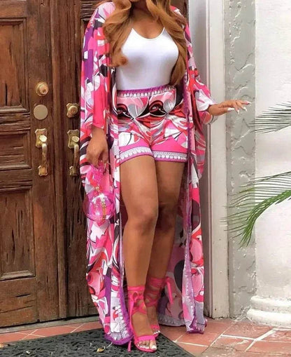 Kalenmos Women's Abstract Print Batwing Sleeve Cardigan & Shorts Set - Buy Center