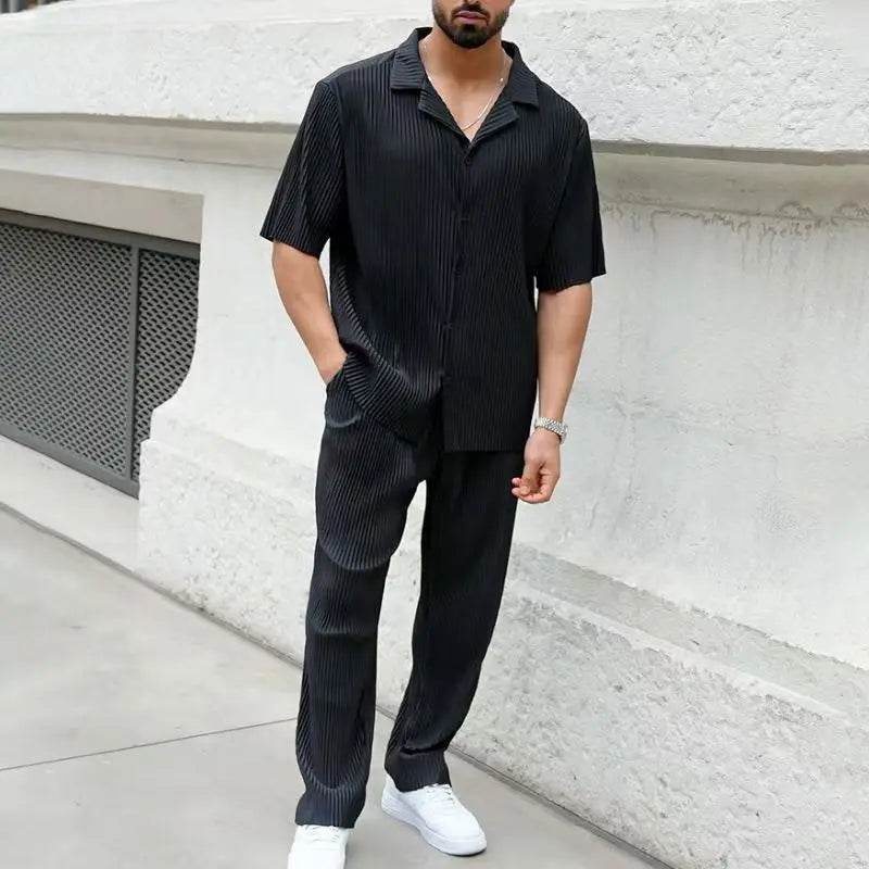 Men's Sportswear Set - Casual Solid Color Short Sleeve & Pants Suit - Buy Center