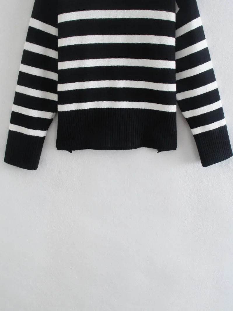 Jadoutin Women's Black and White Striped Turtleneck Sweater - Casual & Loose - Buy Center