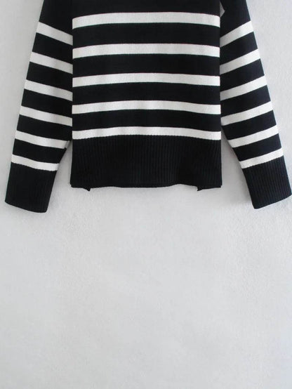 Jadoutin Women's Black and White Striped Turtleneck Sweater - Casual & Loose - Buy Center