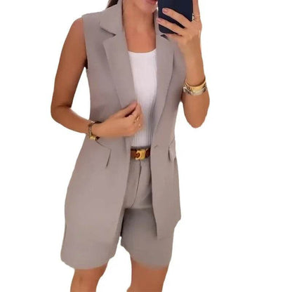 Women’s Elegant Two Piece Short Sets - Sleeveless Blazer & Shorts - Buy Center