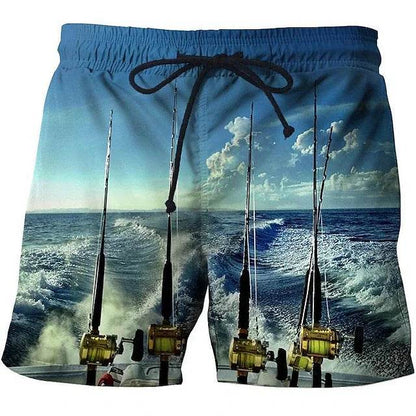 Men's Vintage 3D Fishing Print Swim Trunks - Quick Dry Beach Shorts - Buy Center