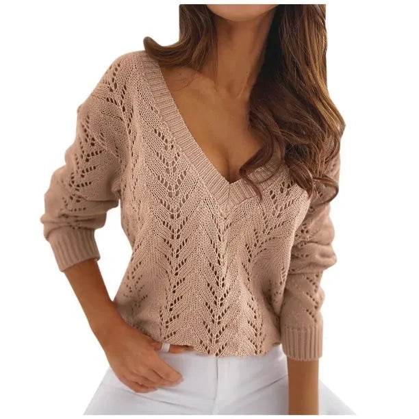 Casual V-Neck Mocha Knitwear Sweater - Autumn Solid Color for Women - Buy Center