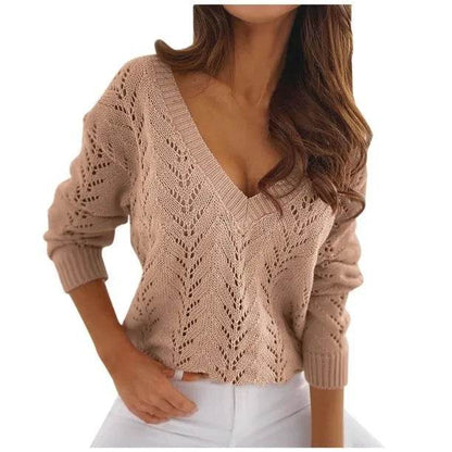 Casual V-Neck Mocha Knitwear Sweater - Autumn Solid Color for Women - Buy Center