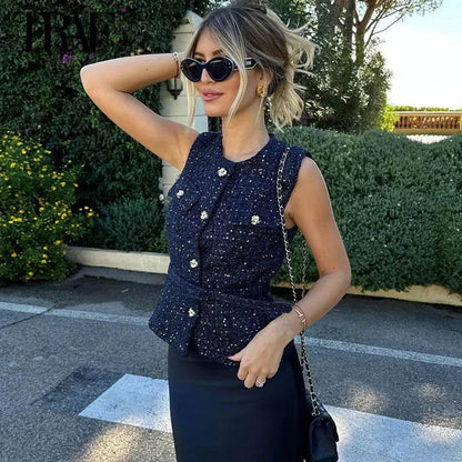 TRAF Women's Sequin Sleeveless Vest - Vintage Button Outerwear - Buy Center