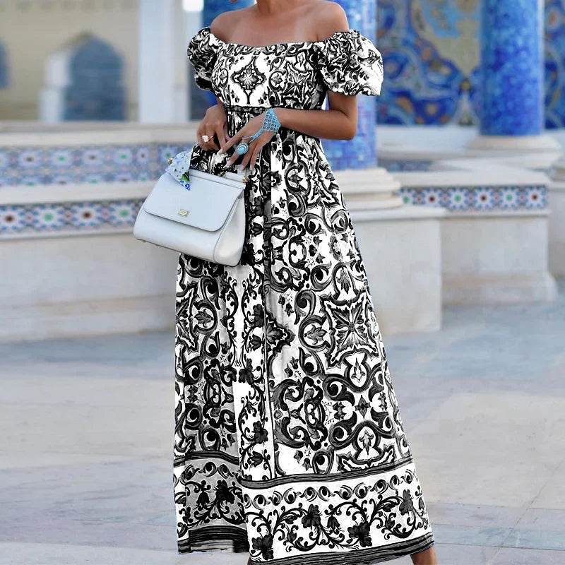 BAMBOOBOY Summer Print Maxi Dress - Elegant Off Shoulder Style - Buy Center