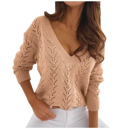 Casual V-Neck Mocha Knitwear Sweater - Autumn Solid Color for Women - Buy Center