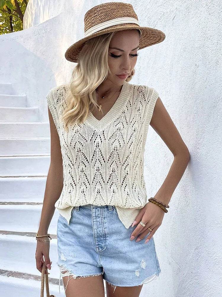 Elegant Women's V-Neck Loose Knit Sweater - Hollow Out Design - Buy Center