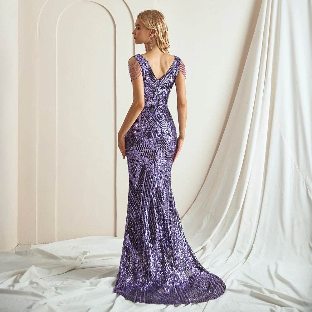 Elegant Purple Sequin Mermaid Evening Dress - Formal Party Gown - Buy Center
