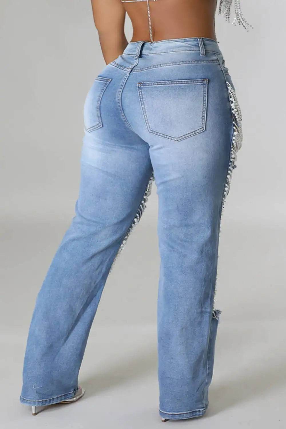 Women’s Plus Size High Waist Pearl Jeans - Vintage Casual Streetwear - Buy Center
