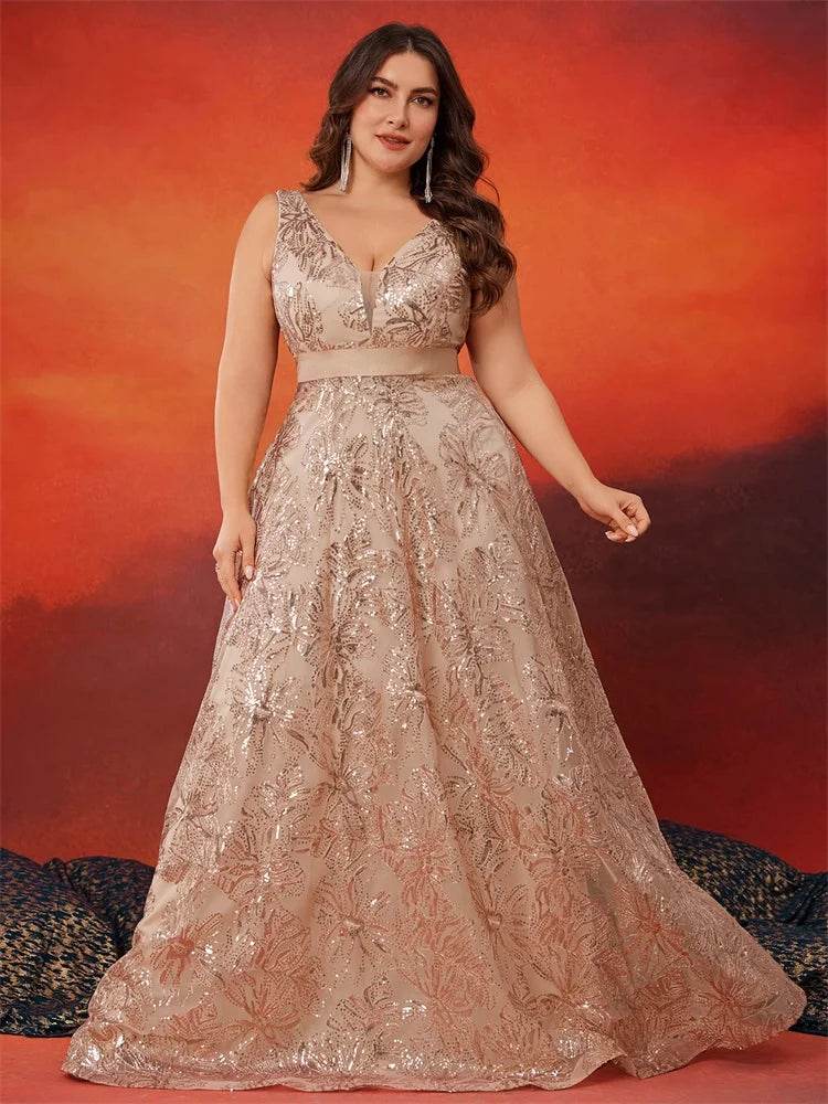 Elegant Plus Size Deep V-Neck Sequins Evening Dress - Lucy in Love - Buy Center