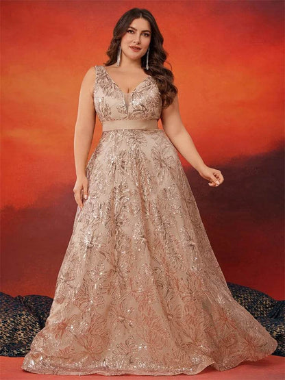 Elegant Plus Size Deep V-Neck Sequins Evening Dress - Lucy in Love - Buy Center