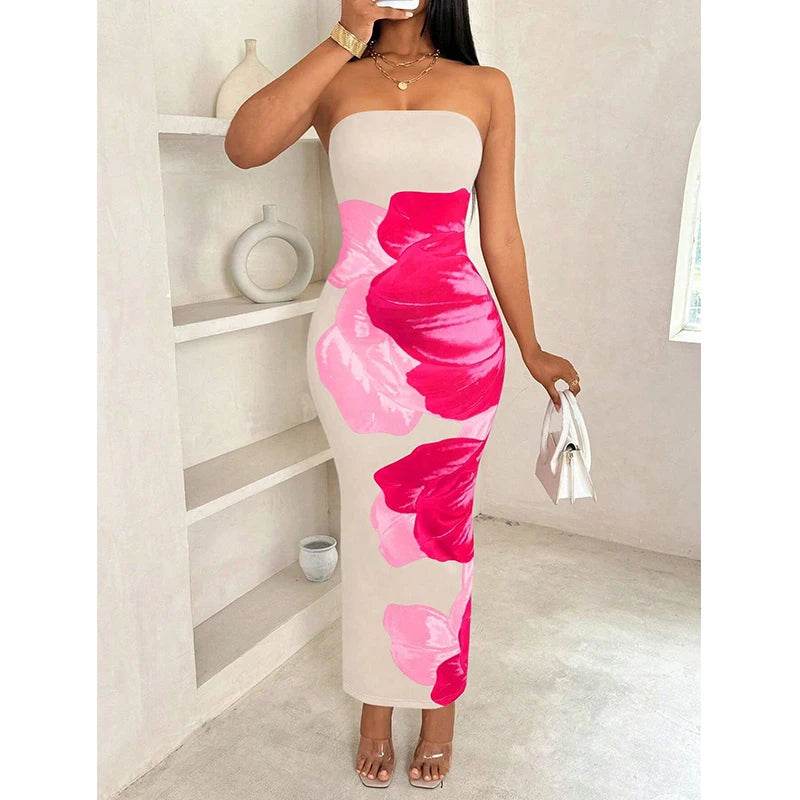 Women's Elegant Slim-Fit Long Dress - Strapless, Print Design - Buy Center